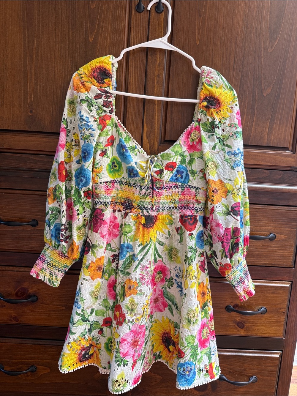 Alice + Olivia Bright Floral Eyelet Tie-Front Dress